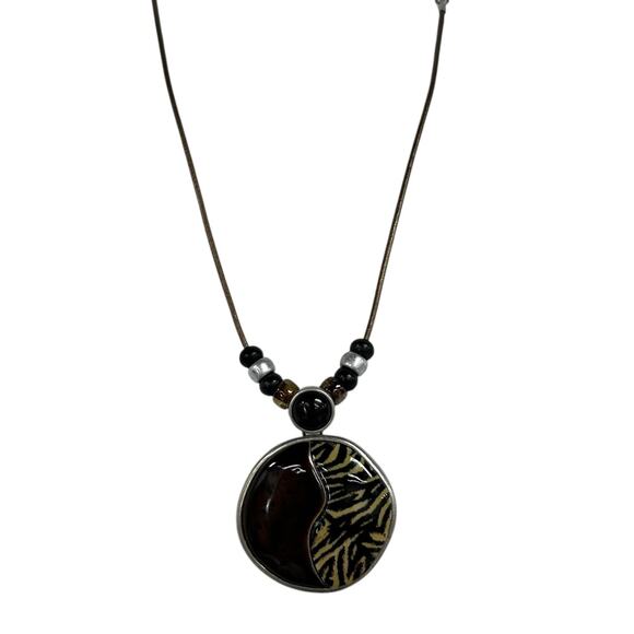 Chico’s Brown Multi Animal Print Enameled Pendant Beaded Cord Necklace - Picture 1 of 5